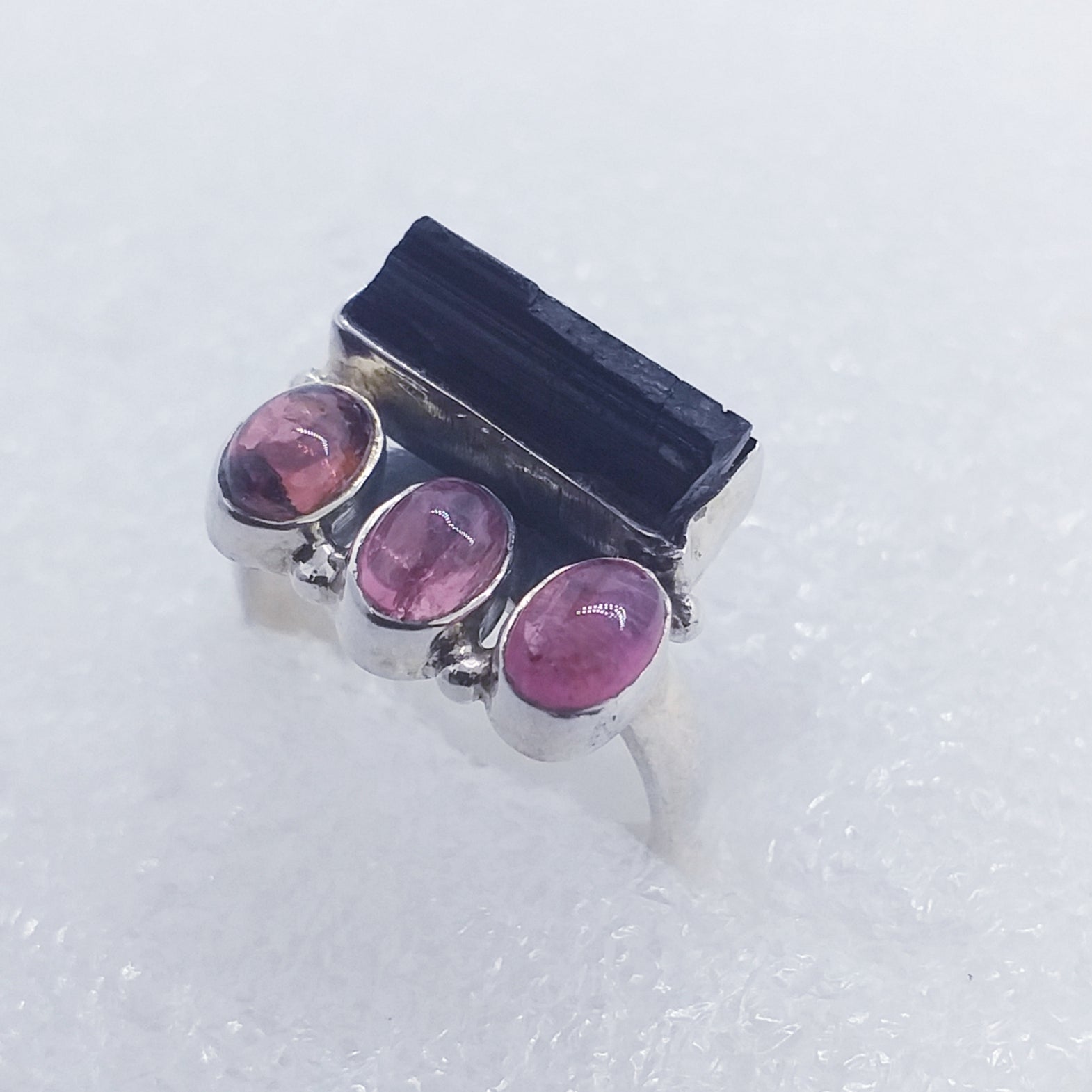 TURMALIN Ring Gr. 18  925 Silber Rohstein pink rosa Rubellit schwarz Schörl