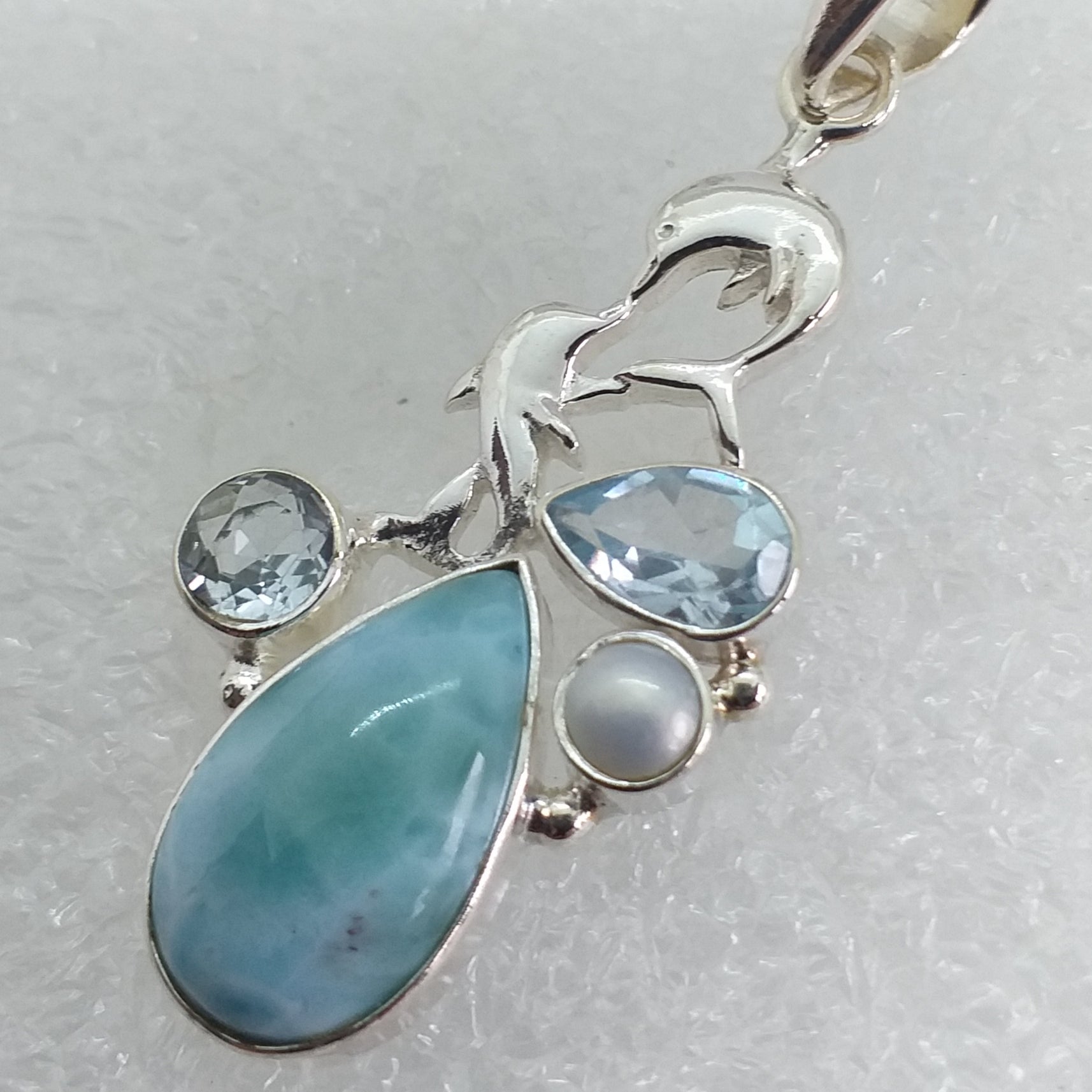 echter Natur LARIMAR BLAUTOPAS PERLE Anhänger " DELFIN " 925 Sterling Silber