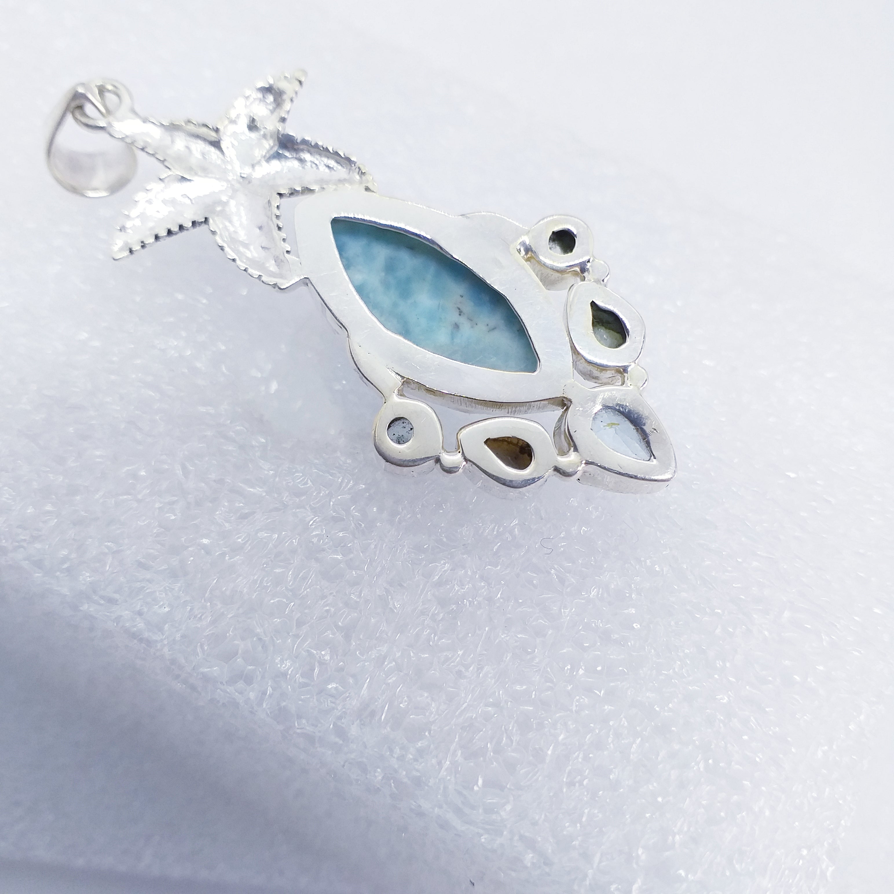 echter Natur LARIMAR BLAUTOPAS PERLE Anhänger "Seestern" 925 Sterling Silber 57mm