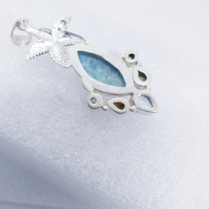 echter Natur LARIMAR BLAUTOPAS PERLE Anhänger "Seestern" 925 Sterling Silber 57mm