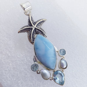 echter Natur LARIMAR BLAUTOPAS PERLE Anhänger "Seestern" 925 Sterling Silber 57mm