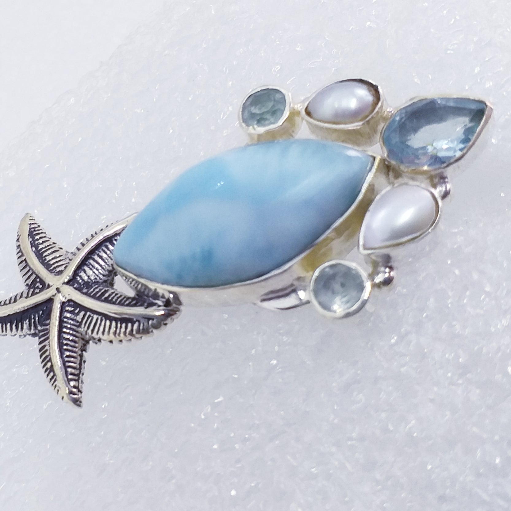 echter Natur LARIMAR BLAUTOPAS PERLE Anhänger "Seestern" 925 Sterling Silber 57mm