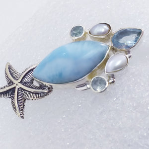 echter Natur LARIMAR BLAUTOPAS PERLE Anhänger "Seestern" 925 Sterling Silber 57mm