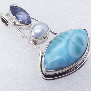 echter Natur LARIMAR IOLITH PERLE Anhänger 925  Sterling Silber