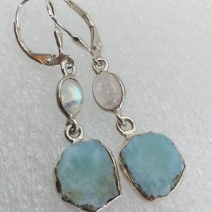 Natur LARIMAR Ohrringe Klappbrisur 925 Silber Brisur Ohrhänger roh Rohstein Mondstein