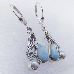 echter LARIMAR Ohrringe Klappbrisur Perle 925 Sterling Silber Seepferdchen