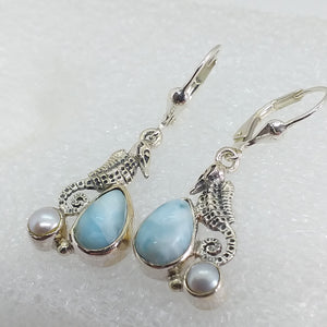 echter LARIMAR Ohrringe Klappbrisur Perle 925 Sterling Silber Seepferdchen