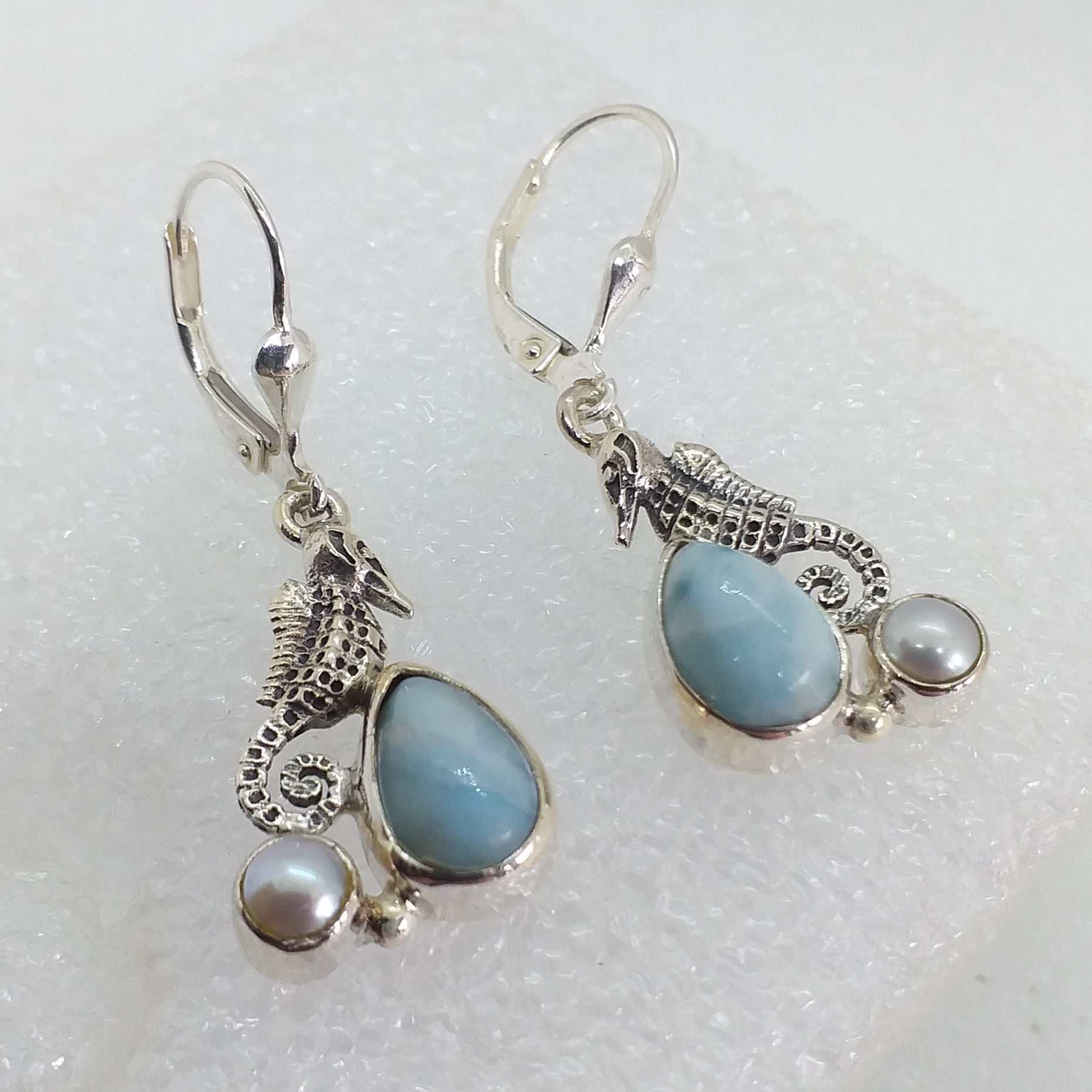 echter LARIMAR Ohrringe Klappbrisur Perle 925 Sterling Silber Seepferdchen