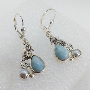 echter LARIMAR Ohrringe Klappbrisur Perle 925 Sterling Silber Seepferdchen