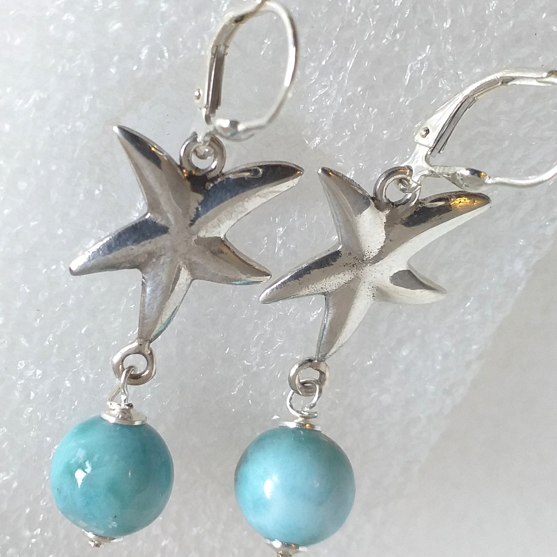 echter Natur LARIMAR Ohrringe Seestern Ohrhänger 925 Sterling Silber Klappbrisur