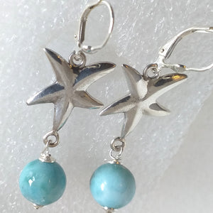 echter Natur LARIMAR Ohrringe Seestern Ohrhänger 925 Sterling Silber Klappbrisur
