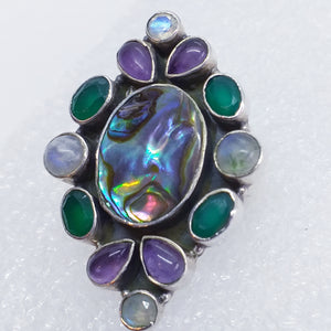 ABALONE PAUA SCHNECKE Ring Gr. 16,2 925 Sterling Silber Mondstein Onyx Amethyst