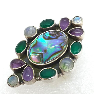 ABALONE PAUA SCHNECKE Ring Gr. 16,2 925 Sterling Silber Mondstein Onyx Amethyst