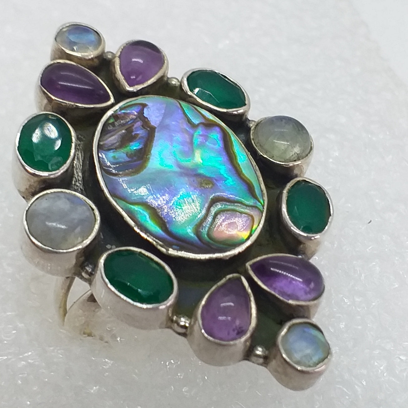 ABALONE PAUA SCHNECKE Ring Gr. 16,2 925 Sterling Silber Mondstein Onyx Amethyst