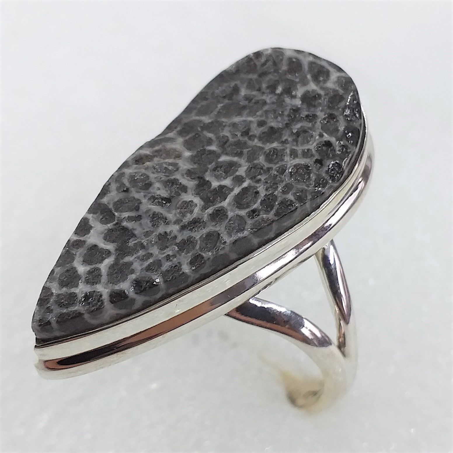 SCHWARZE FOSSILKORALLE Ring Gr. 19,5 925 Sterling Silber Rohstein