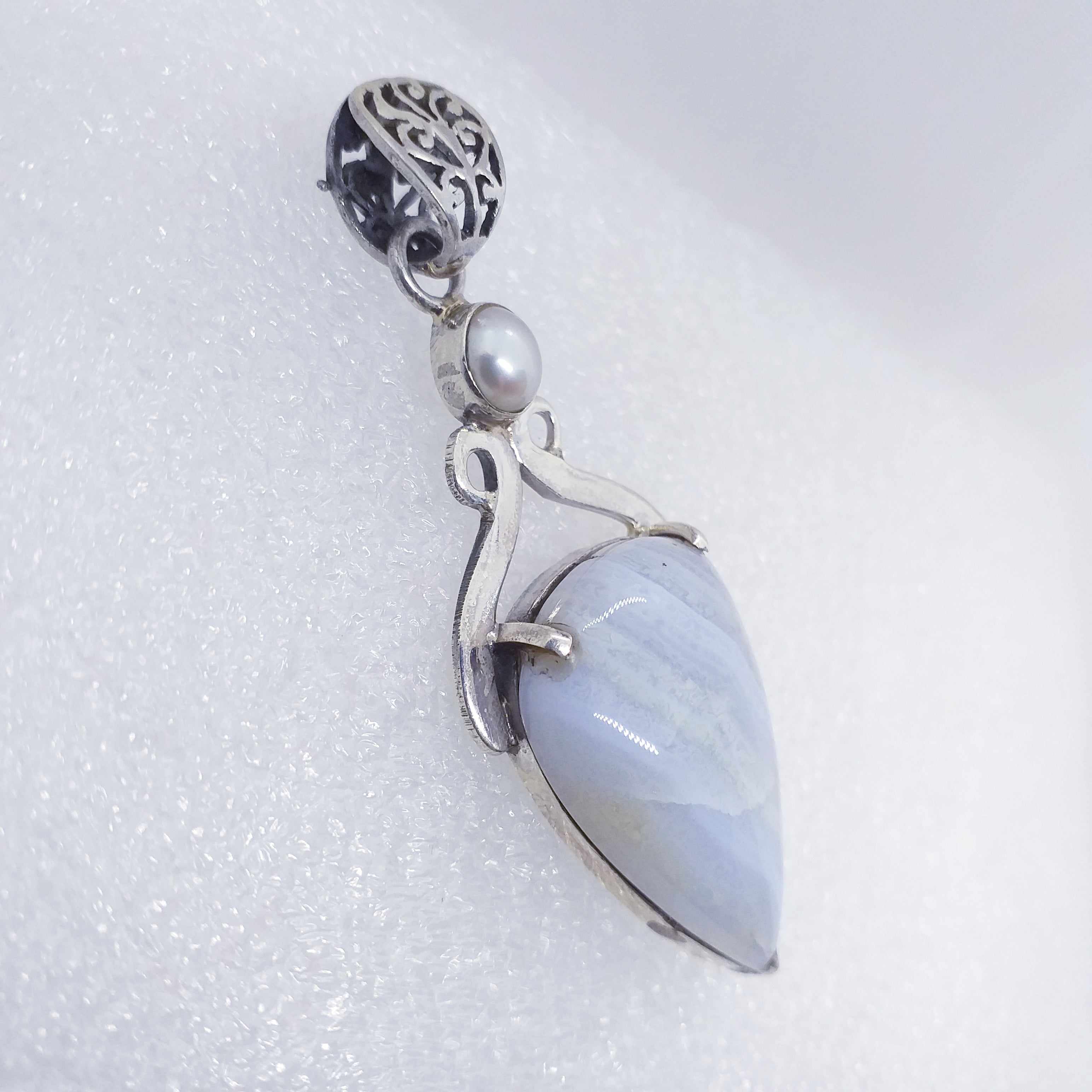 echter blauer Natur CHALCEDON Anhänger Perle 925 Silber