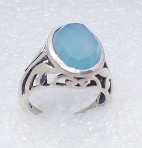 blau-grüner Natur CHALCEDON facettiert Ring Gr. 17 925 Silber