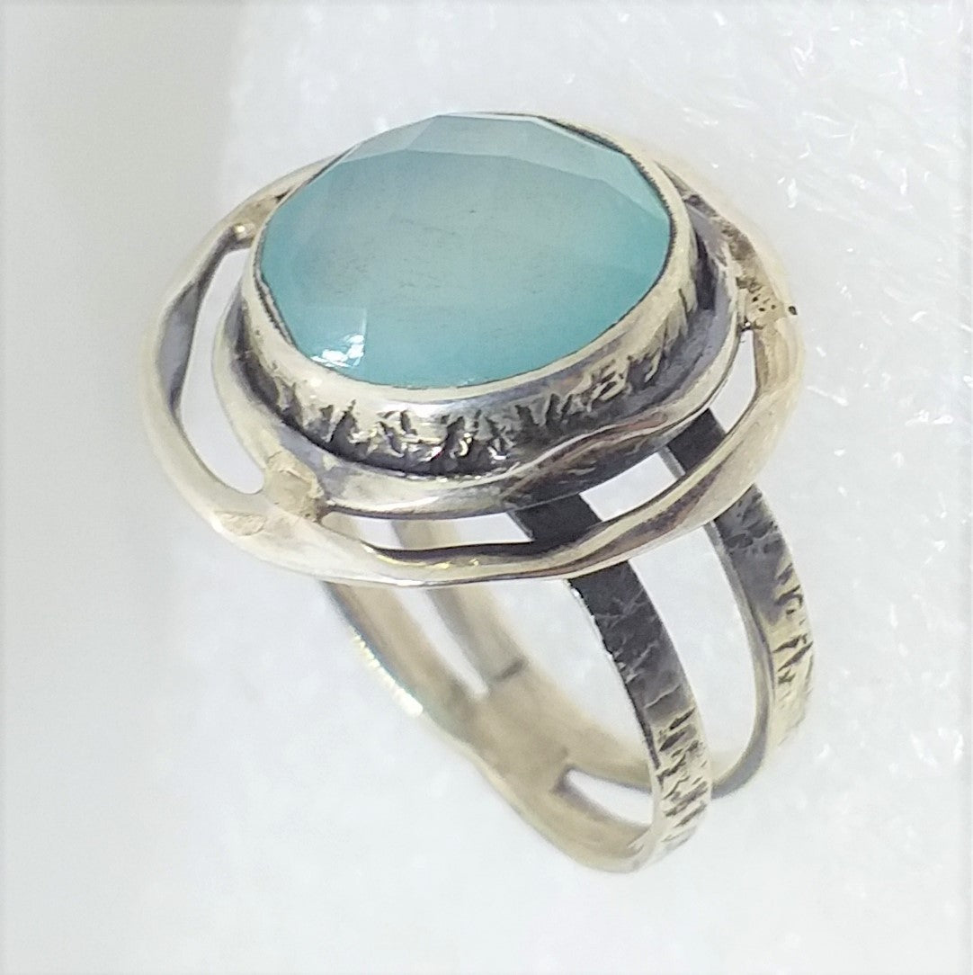 blau-grüner  CHALCEDON facettiert Ring Gr. 17 925 Silber 19mm
