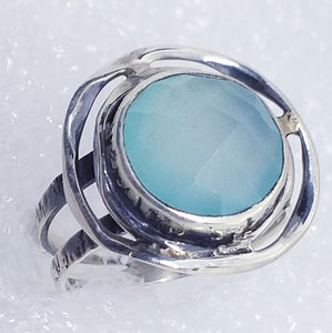 blau-grüner  CHALCEDON facettiert Ring Gr. 17 925 Silber 19mm