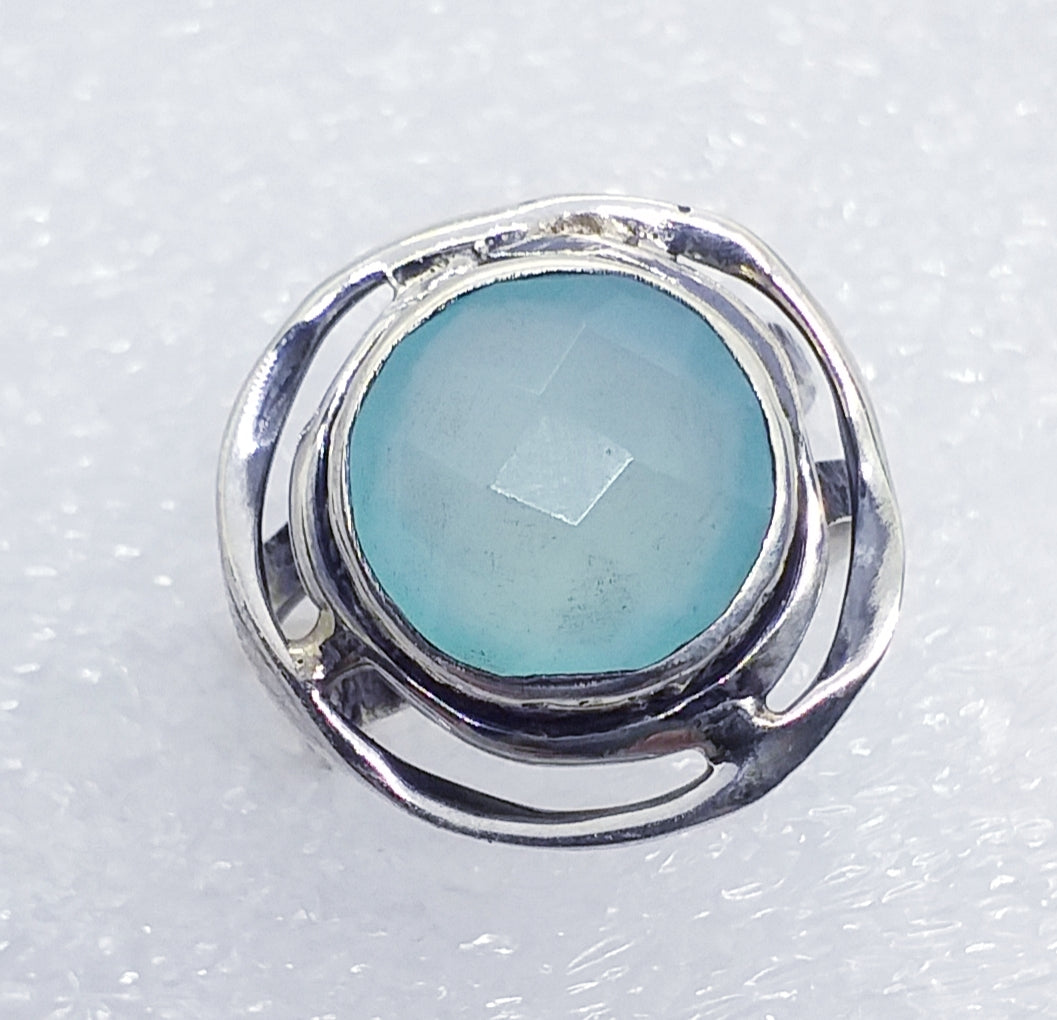 blau-grüner  CHALCEDON facettiert Ring Gr. 17 925 Silber 19mm
