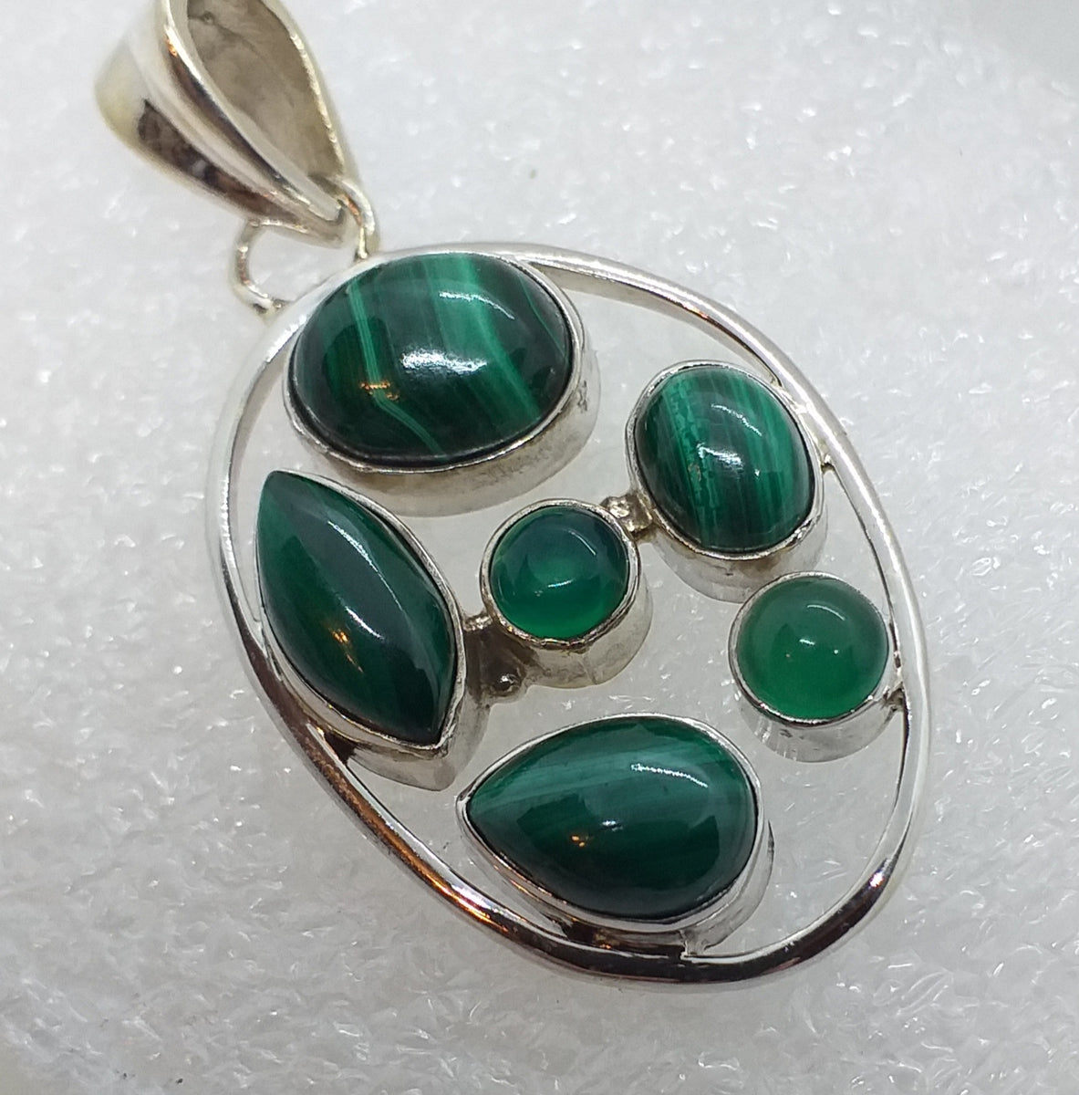 Malachit Edelstein Oval Mit Kräftigem 925er Sterlingsilber Anhänger