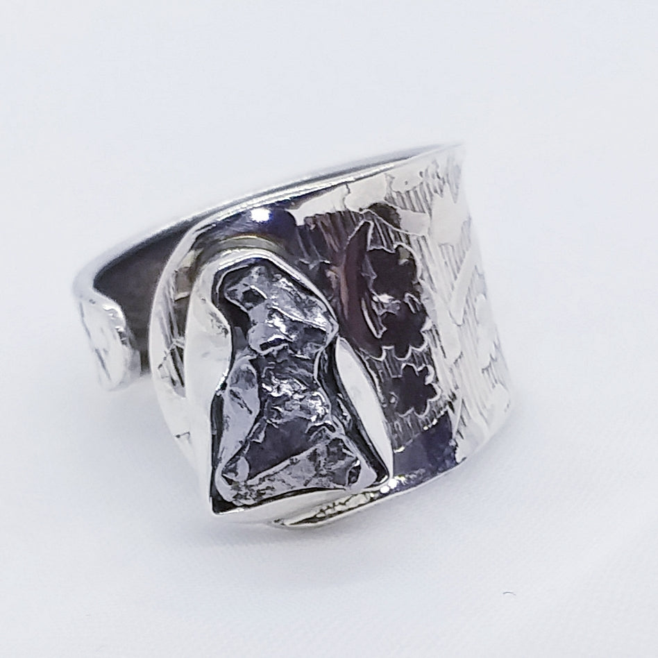 Eisenmeteorit METEORIT CAMPO DEL CIELO Ring Gr. 18 - 19 verstellbar 925 Silber