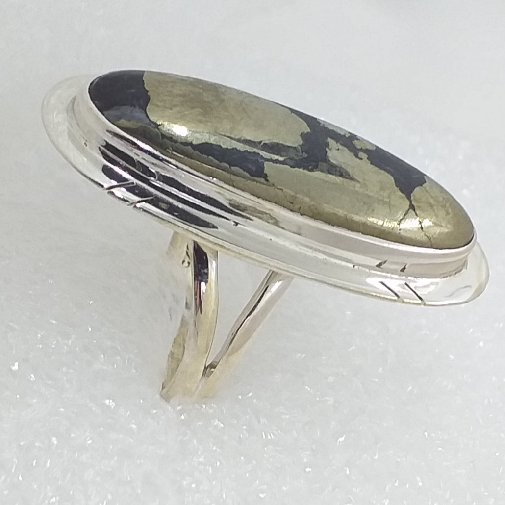 GOLD PYRIT Ring Gr. 19 RIESIG 925 Silber 36mm