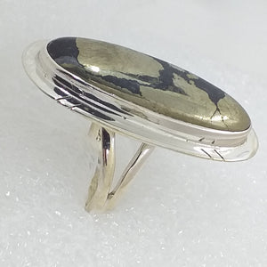 GOLD PYRIT Ring Gr. 19 RIESIG 925 Silber 36mm