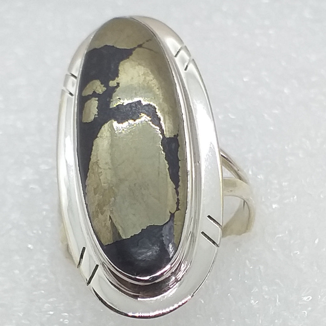 GOLD PYRIT Ring Gr. 19 RIESIG 925 Silber 36mm